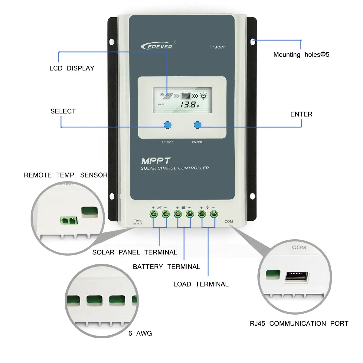 Contrôleur de Charge solaire EPEVER 12V 24V MPPT 40A 30A 20A 10A 4210AN 3210AN contrôleur de Charge solaire de voiture à affichage LCD haute efficacité 