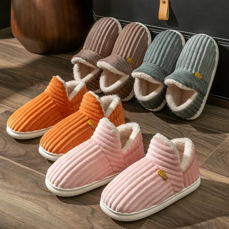 Zapatillas de felpa para hombre y mujer, chanclas cálidas y antideslizantes, zapatos informales de algodón para el hogar, estilo de pareja conciso, Color sólido, Invierno