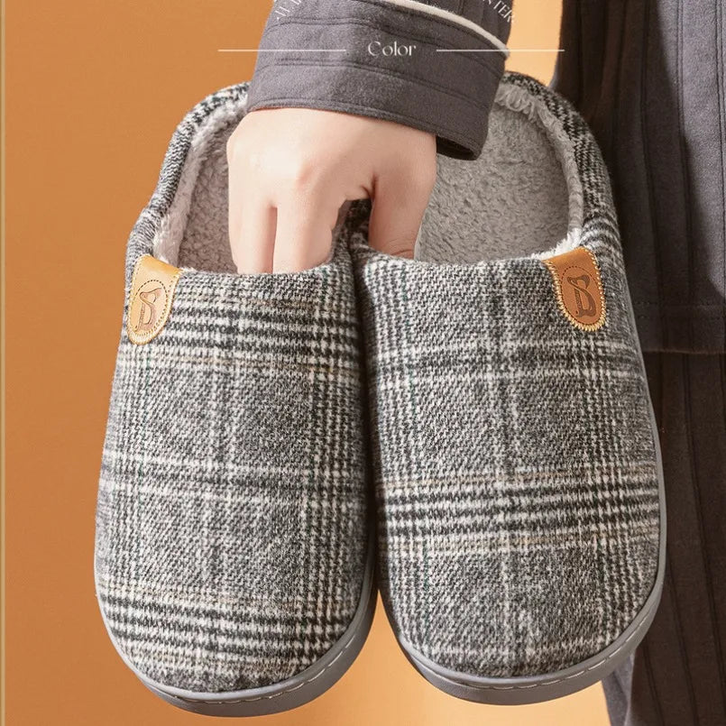 Zapatilla de casa a cuadros para hombre, calzado térmico de invierno, cálido, peludo, felpa, antideslizante, para interiores