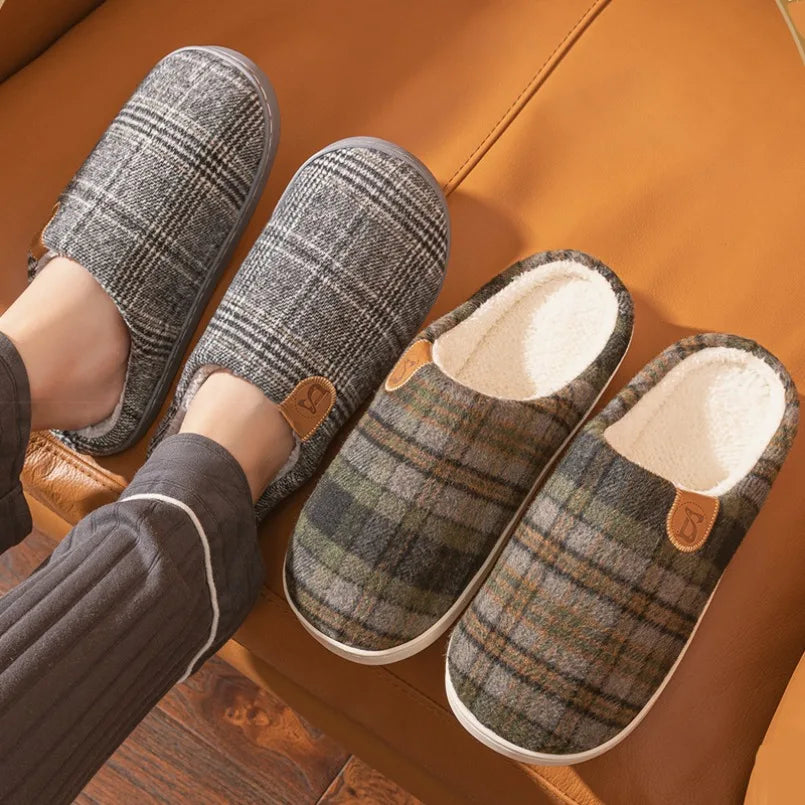 Zapatilla de casa a cuadros para hombre, calzado térmico de invierno, cálido, peludo, felpa, antideslizante, para interiores