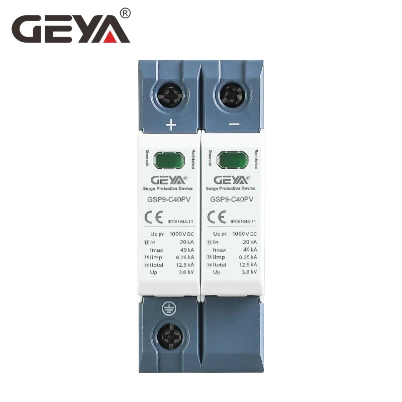 GEYA GSP9 photovoltaïque DC SPD 2P 600V 1000V 20KA ~ 40KA dispositif de Protection contre les surtensions Protection contre la foudre Rail Din T1 + T2 