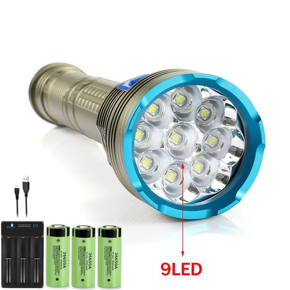 Linterna de buceo subacuática profesional IPX68, resistente al agua, 9 luces LED para espeleología, lámpara de pesca submarina