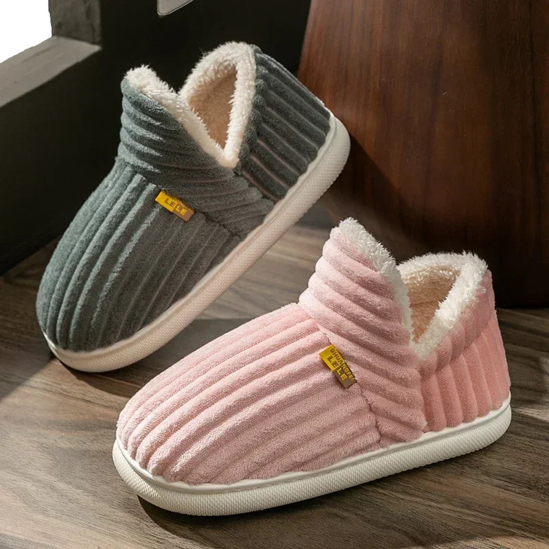 Zapatillas de felpa para hombre y mujer, chanclas cálidas y antideslizantes, zapatos informales de algodón para el hogar, estilo de pareja conciso, Color sólido, Invierno