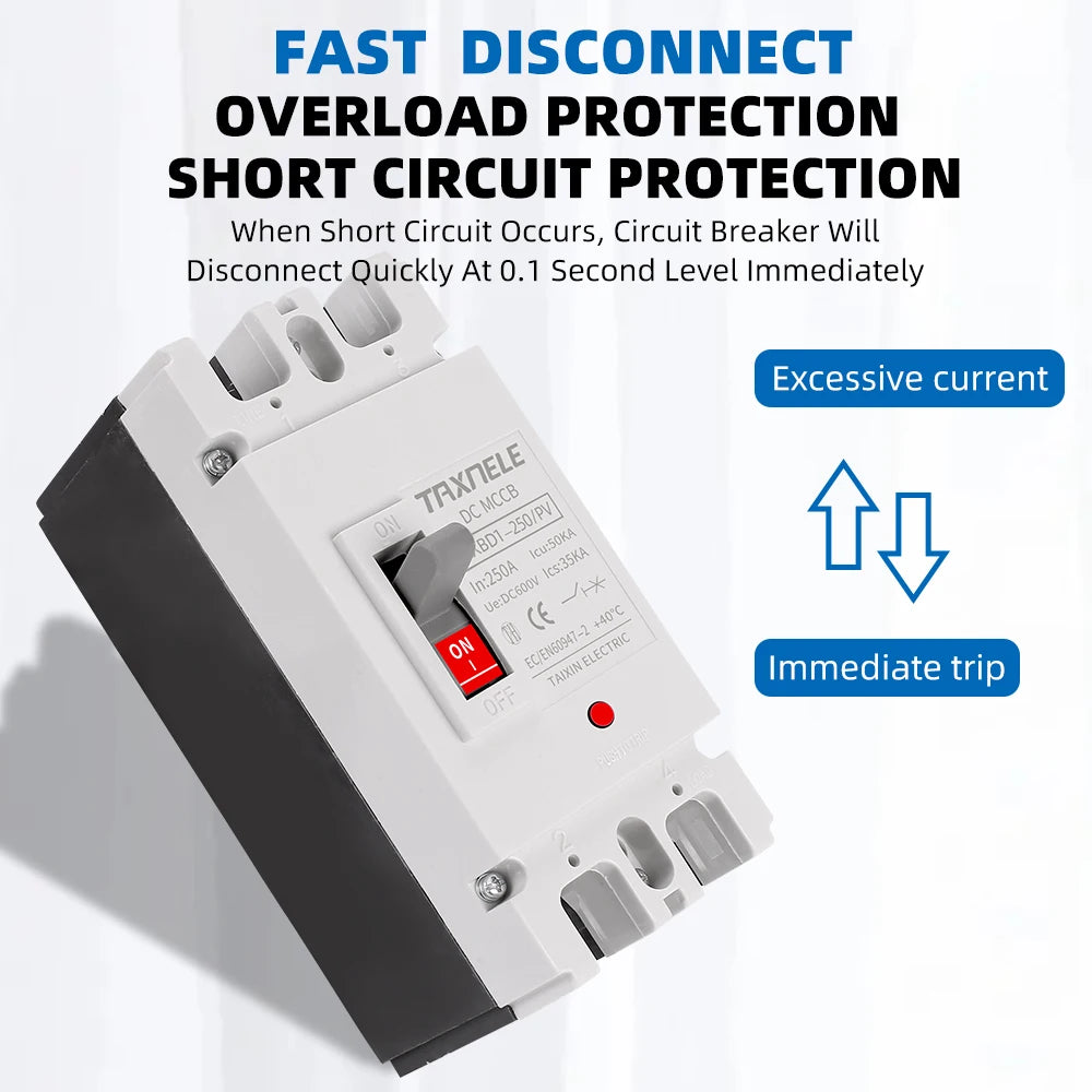 Boîtier moulé solaire disjoncteur DC MCCB Protection contre les surcharges interrupteur protecteur PV isolateur de batterie 150A 250A 