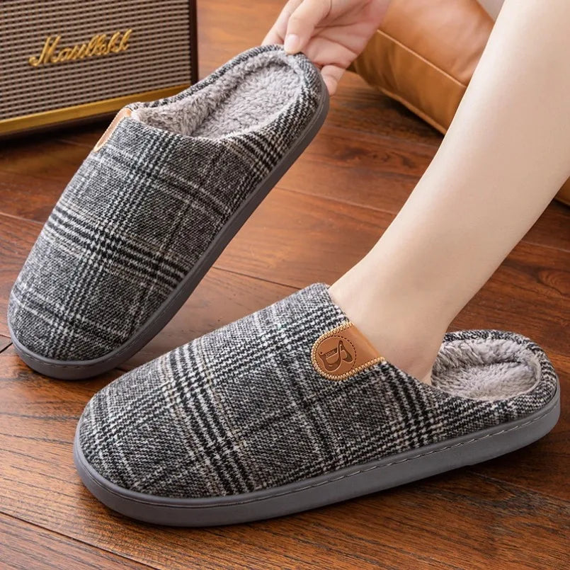 Zapatilla de casa a cuadros para hombre, calzado térmico de invierno, cálido, peludo, felpa, antideslizante, para interiores