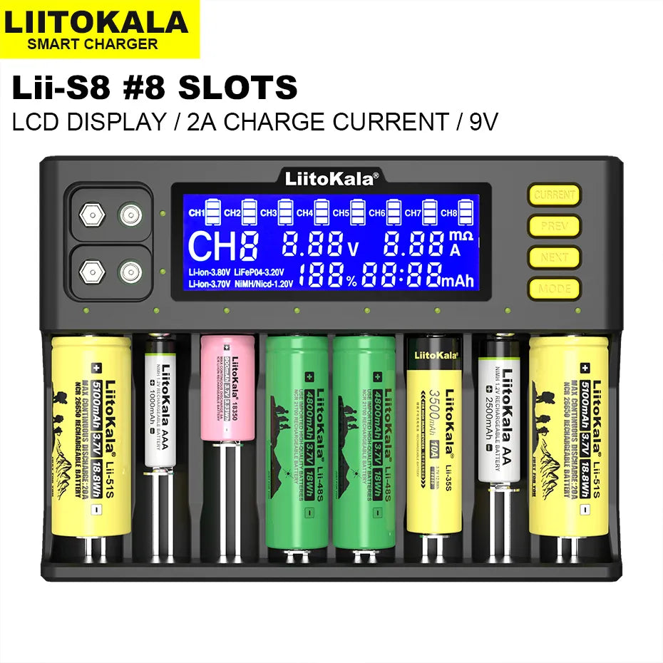 LiitoKala Lii-S8 battery charger for 18650 3.7V Li-ion NiMH 1.2V 9V Li-FePO4 3.2V IMR 3.8V 26650 21700 26700 AA AAA 