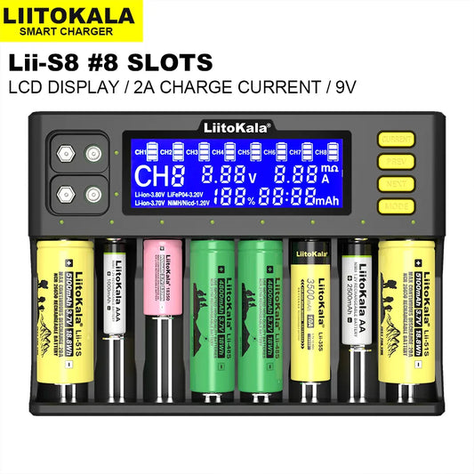 LiitoKala Lii-S8 battery charger for 18650 3.7V Li-ion NiMH 1.2V 9V Li-FePO4 3.2V IMR 3.8V 26650 21700 26700 AA AAA 