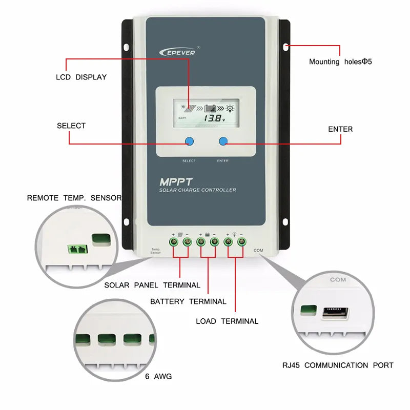 contrôleur de charge solaire, régulateur de charge solaire EPEVER mppt, régulateur solaire mppt avec écran LCD, batterie 12V et 24V, haute efficacité, 40A, 30A, 20A, 10A, régulateur de charge solaire 12v, contrôleur de charge mppt 