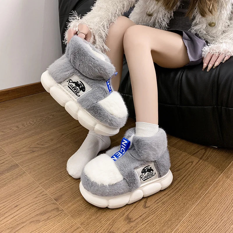 Zapatillas de interior con forro de felpa, botas de nieve con plataforma y tacón alto, 2024