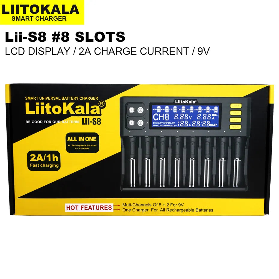 LiitoKala Lii-S8 battery charger for 18650 3.7V Li-ion NiMH 1.2V 9V Li-FePO4 3.2V IMR 3.8V 26650 21700 26700 AA AAA 