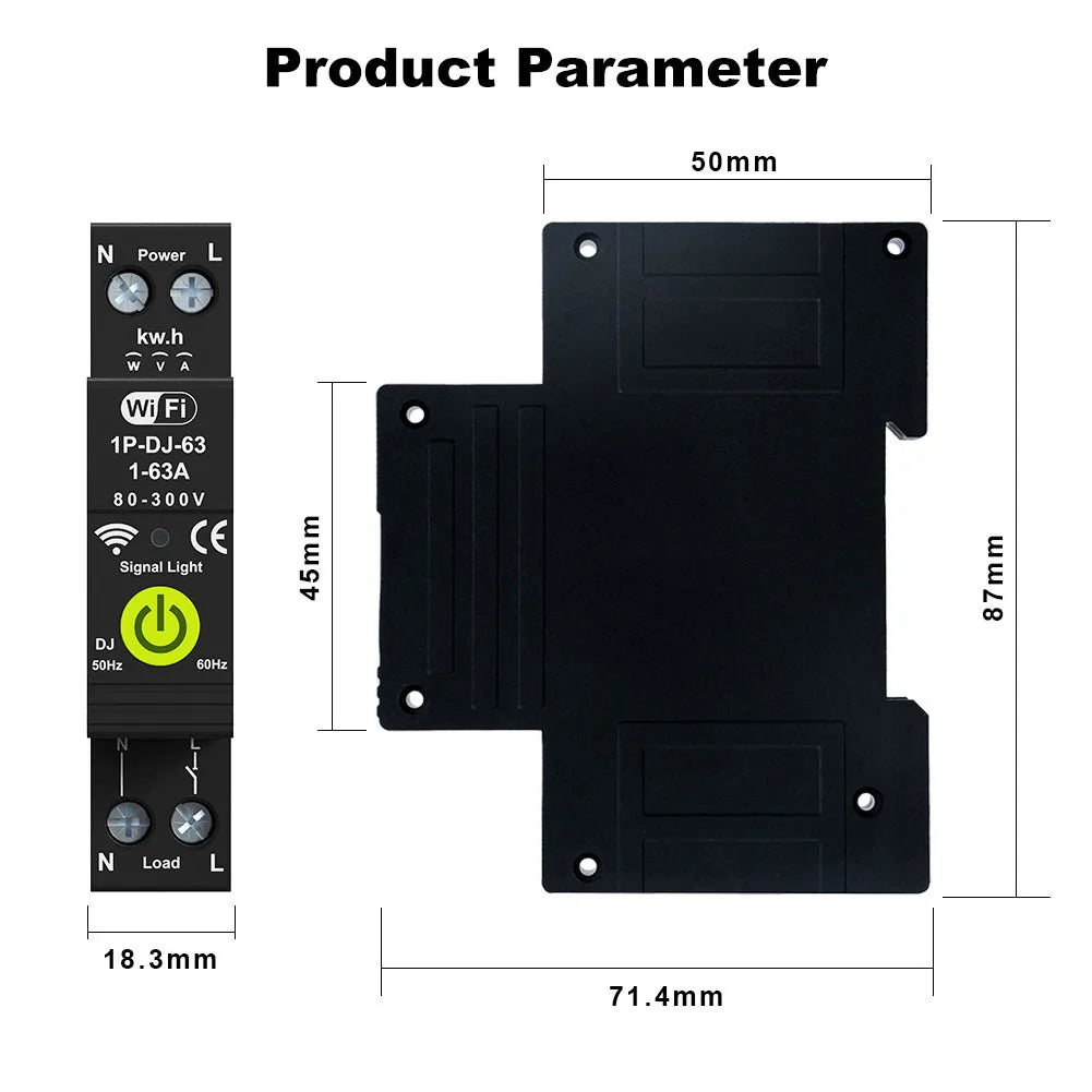 Tuya WiFi Smart Circuit Breaker Timer Photovoltaic Two-Way Energy Meter Automatic Loss Protector