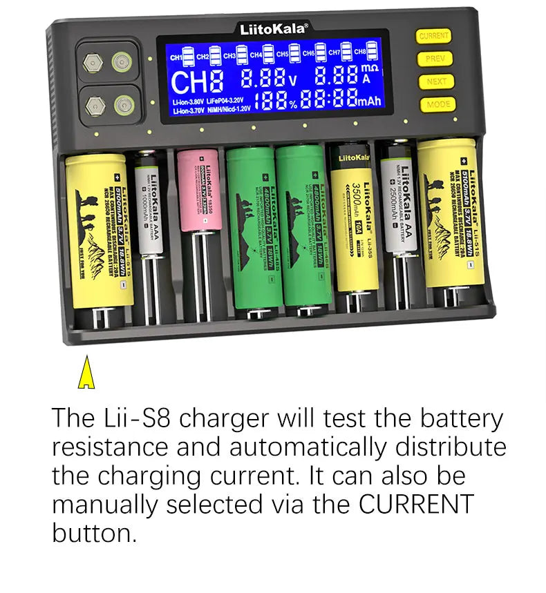 LiitoKala Lii-S8 battery charger for 18650 3.7V Li-ion NiMH 1.2V 9V Li-FePO4 3.2V IMR 3.8V 26650 21700 26700 AA AAA 