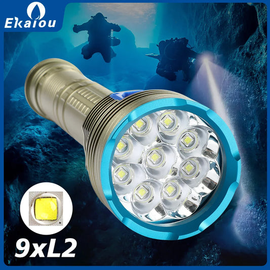 Linterna de buceo subacuática profesional IPX68, resistente al agua, 9 luces LED para espeleología, lámpara de pesca submarina