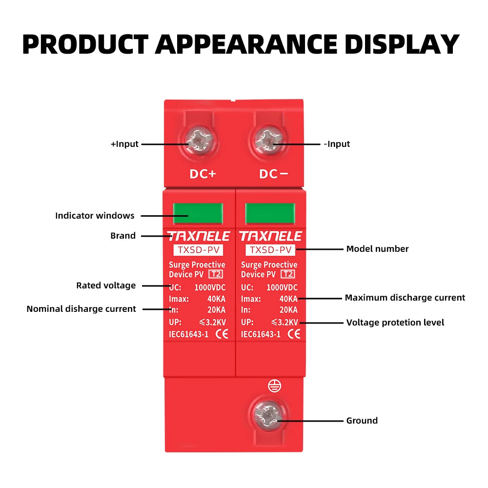 Dispositif de Protection contre les surtensions DC SPD 2P 40KA 60KA 600V 800V 1000V, protecteur de tension PV solaire, parafoudre photovoltaïque 