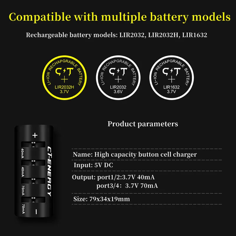 Charger for CR2025 CR2032 3.7V 3.6V Button Cell Batteries - 4 Slot