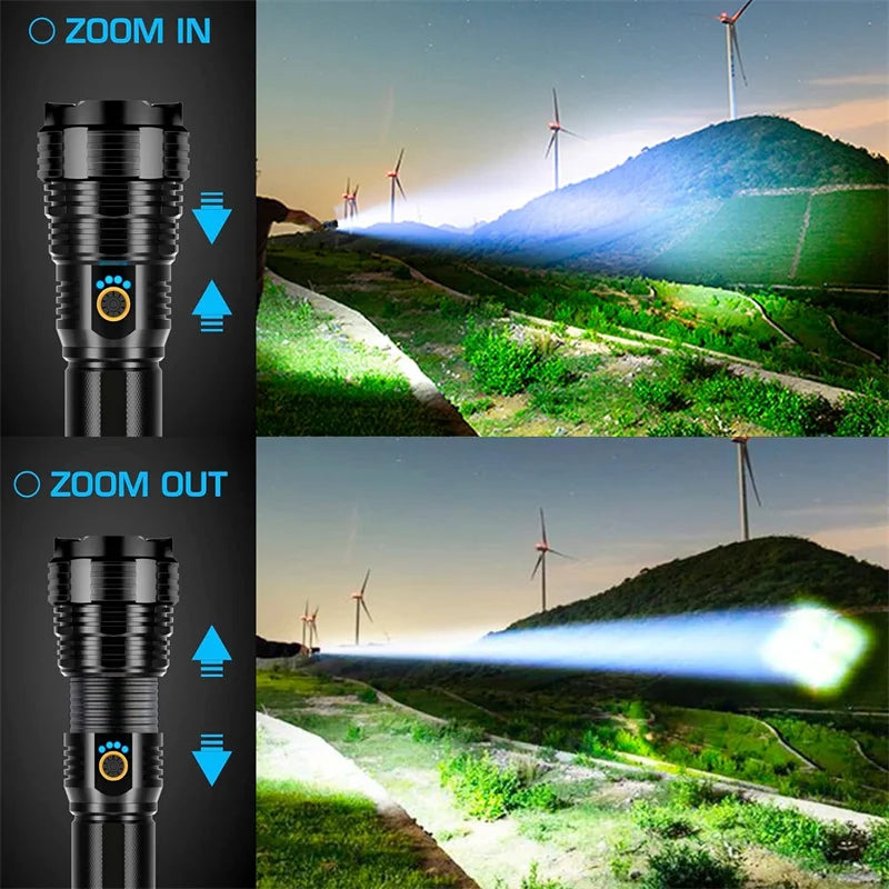 Linterna Led de alta potencia con Zoom telescópico, lámpara Led portátil recargable, focos de emergencia, antorcha de Camping