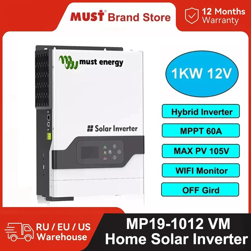 MUST Energy – onduleur solaire hybride MPPT, 1kw, 12V, 230V, 60a, PV, 105V, système à onde sinusoïdale Pure, moniteur WIFI, pour maison