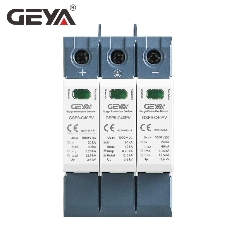 GEYA GSP9 photovoltaïque DC SPD 3P 600V 1000V 1500V 40KA dispositif de Protection contre les surtensions Protection contre la foudre Rail Din T1 + T2 