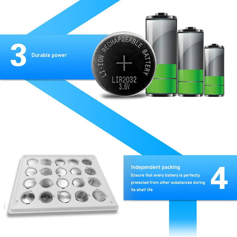 CR2032 Rechargeable Button Cell Battery 20PCS LIR2032 Li-ion 3.6V Lithium CR2032/ML2032 