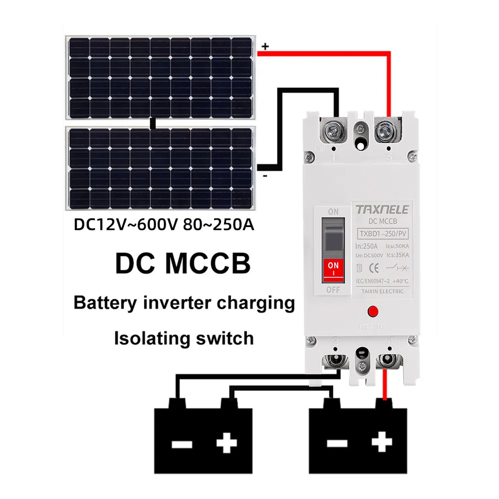 Boîtier moulé solaire disjoncteur DC MCCB Protection contre les surcharges interrupteur protecteur PV isolateur de batterie 150A 250A 