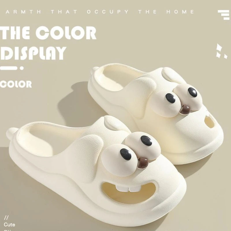 Zapatillas con forma de perro y ojo grande para mujer, chanclas de goma Eva, divertidas, divertidas, con dibujos animados