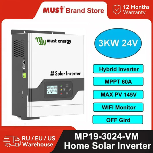 MUST Energy – onduleur solaire hybride MPPT 60A, 3kw, 24/220/230V, sortie PV 145V, système solaire hors réseau, moniteur WIFI, écran LCD 