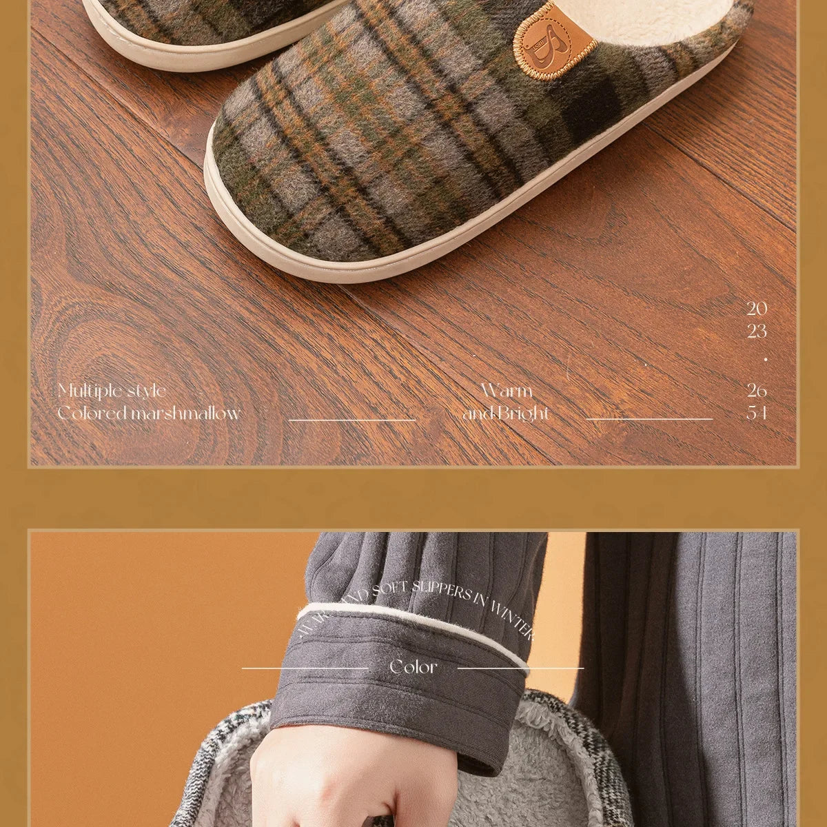 Zapatilla de casa a cuadros para hombre, calzado térmico de invierno, cálido, peludo, felpa, antideslizante, para interiores