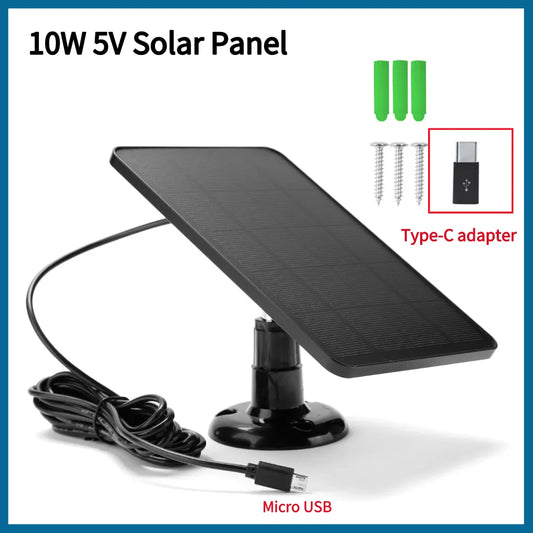 Panneau solaire 10W 5V 2 en 1, Micro USB + Type C, chargeur de cellules solaires d'extérieur pour caméra de sécurité/petit système d'éclairage domestique 