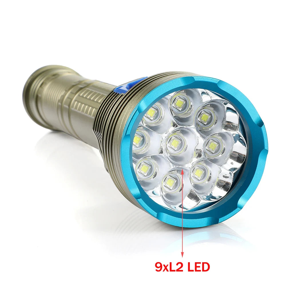 Linterna de buceo subacuática profesional IPX68, resistente al agua, 9 luces LED para espeleología, lámpara de pesca submarina